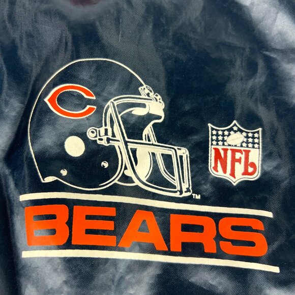 VTG 90s Chalk Line Chicago Bears Satin Jacket Large Blue Snap Button Bomber USA - Picture 2 of 13